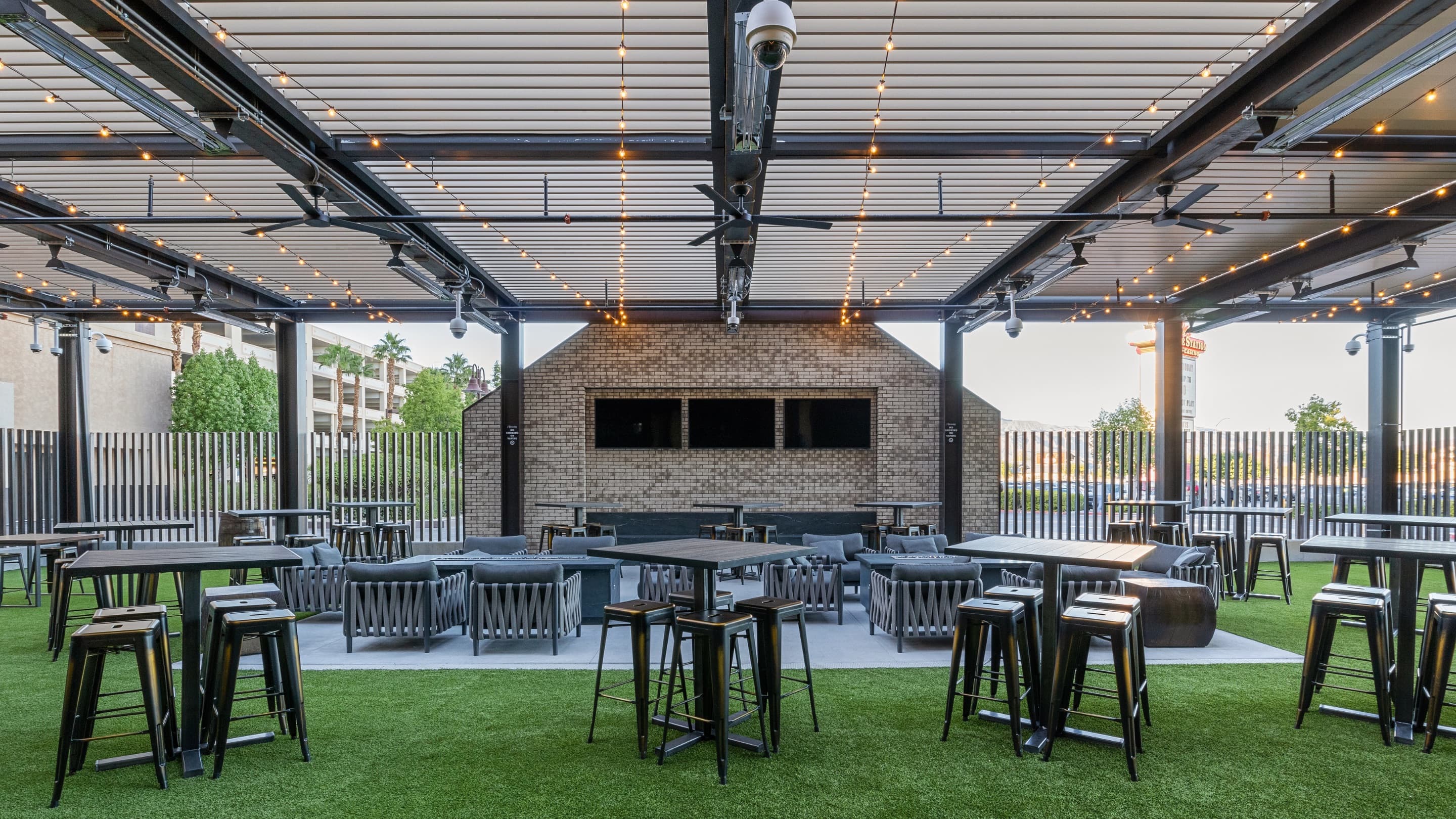 Motorized louvered aluminum roof over the outdoor bar at Stoney's North Forty, Santa Fe Station, Las Vegas